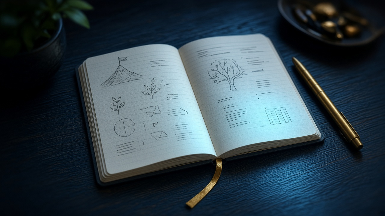 Open study notebook on a dark desk