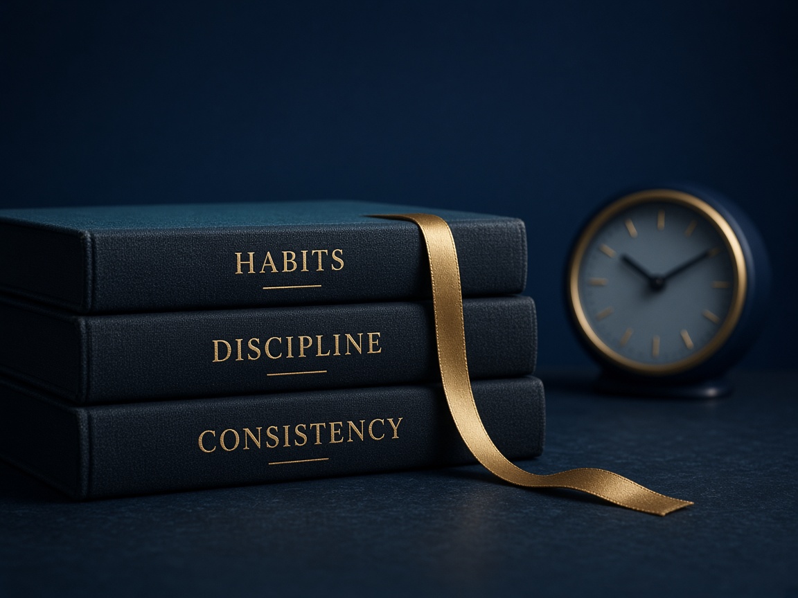 Stacked notebooks and a clock, a symbol of habits
