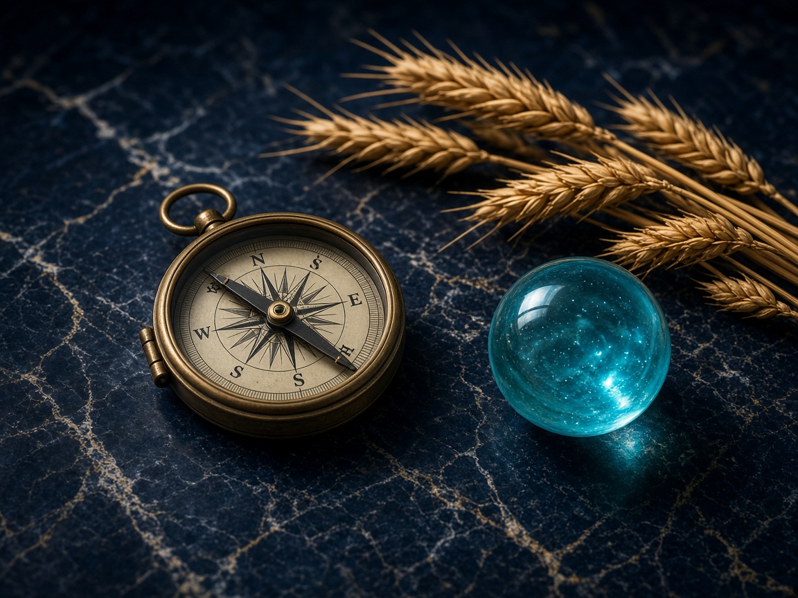 Compass and wheat on dark marble, a symbol of mindful prosperity
